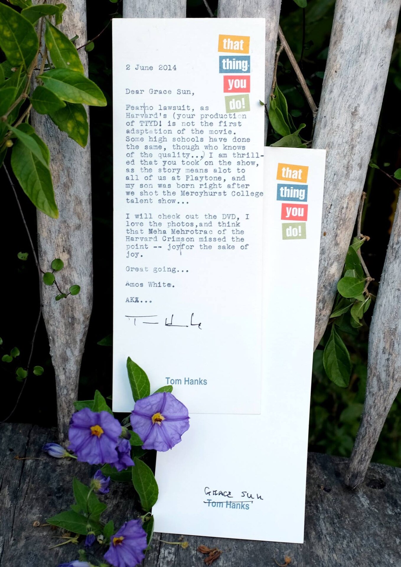 Handwritten That Thing You Do rehearsal or production schedule displayed outdoors.