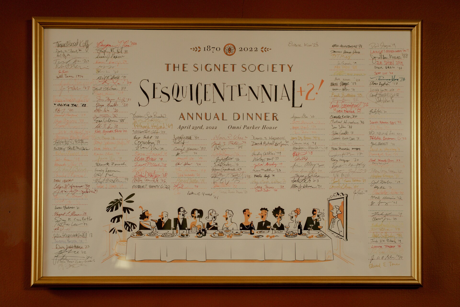 Framed hand-drawn Signet Society centennial dinner poster.
