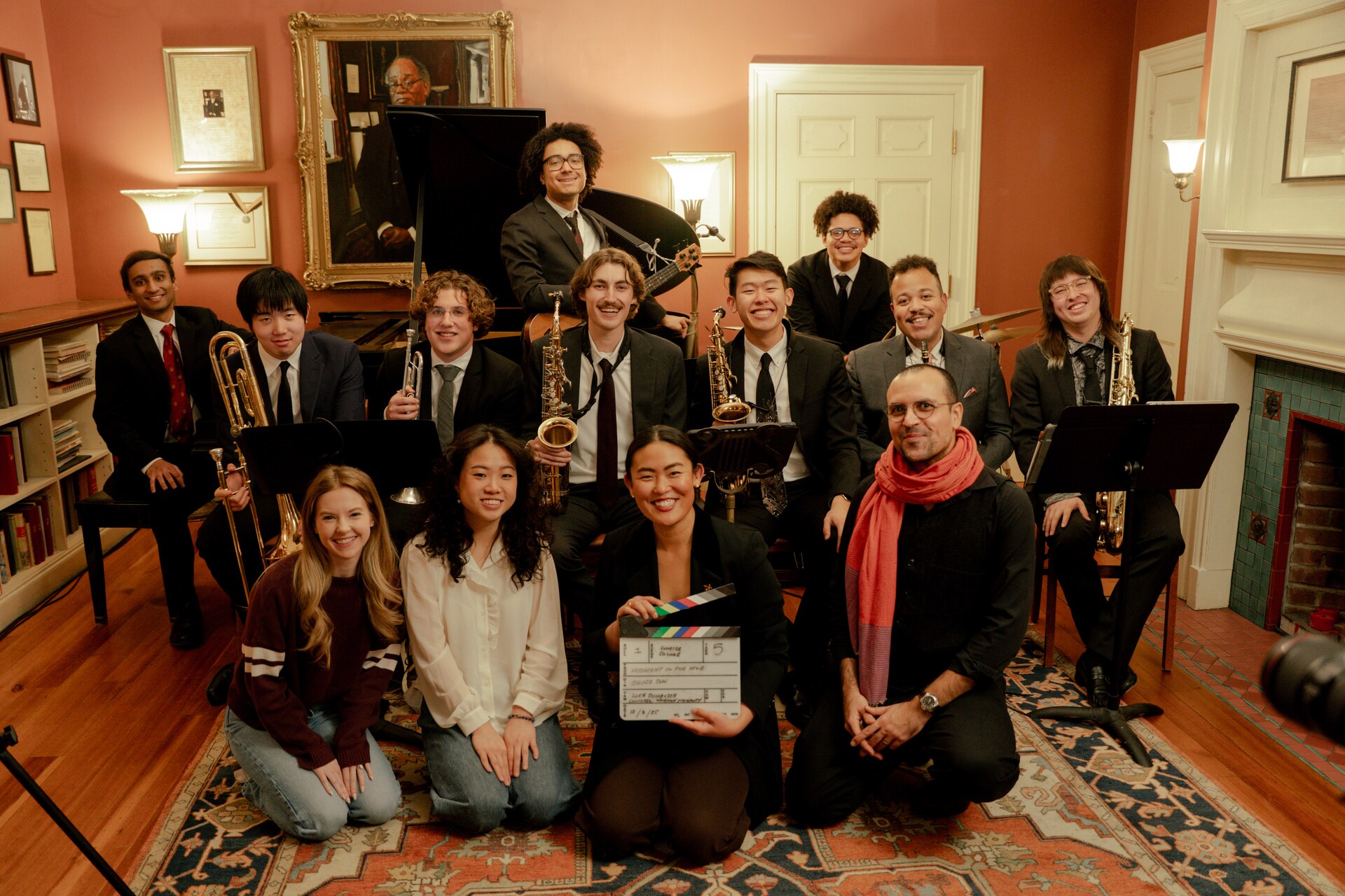 Midnight in the Hive cast and crew group portrait in the Signet Society.