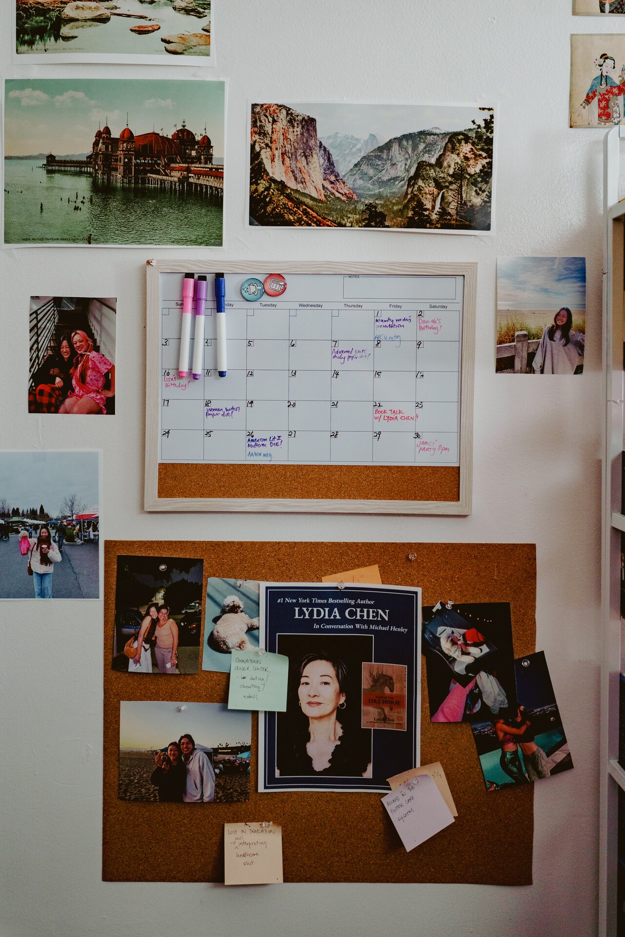 Wall-mounted production board with a calendar, film references and story images.