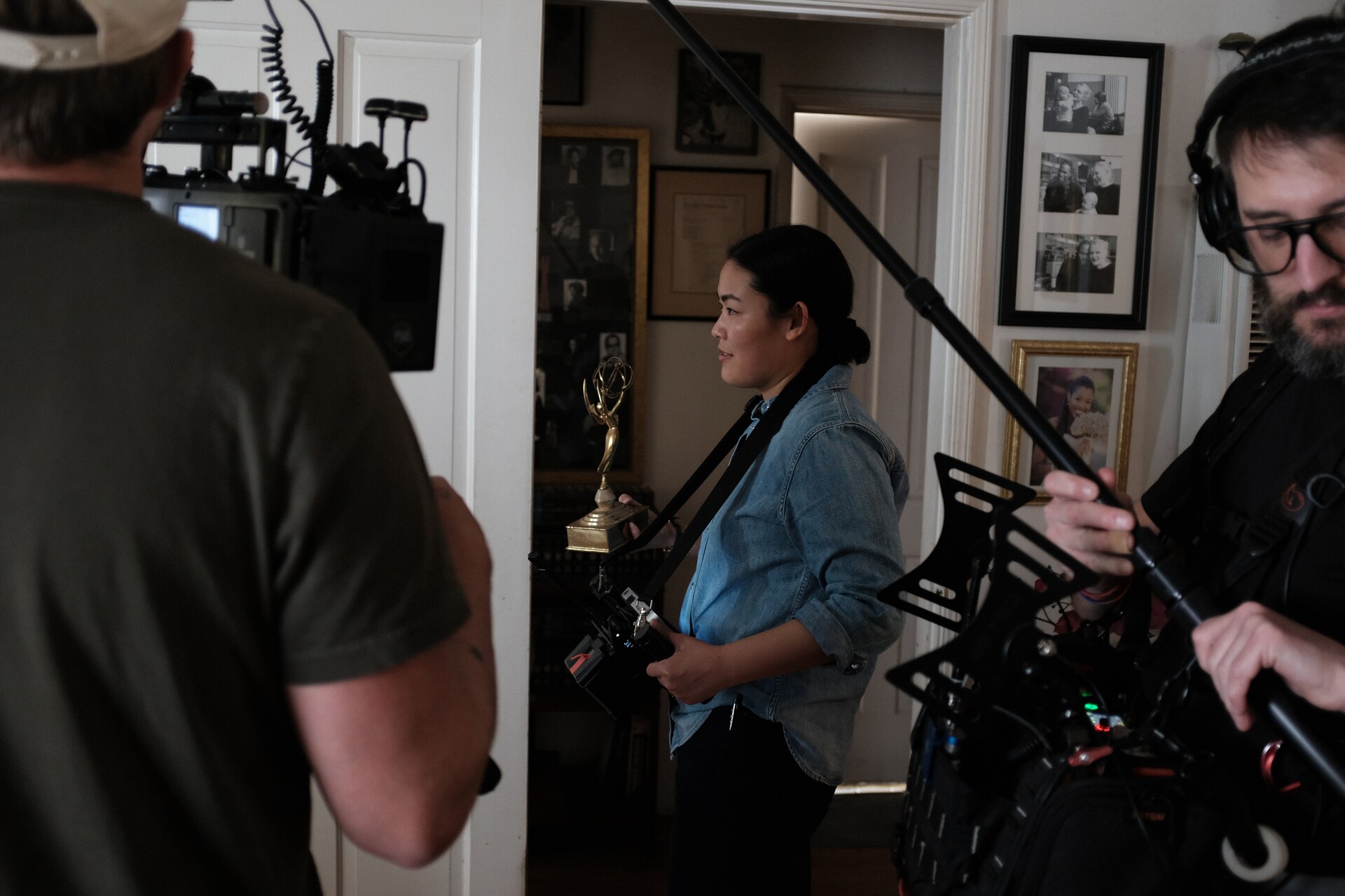 Grace Sun speaking in front of a cinema camera during My Uncle Bobby production.