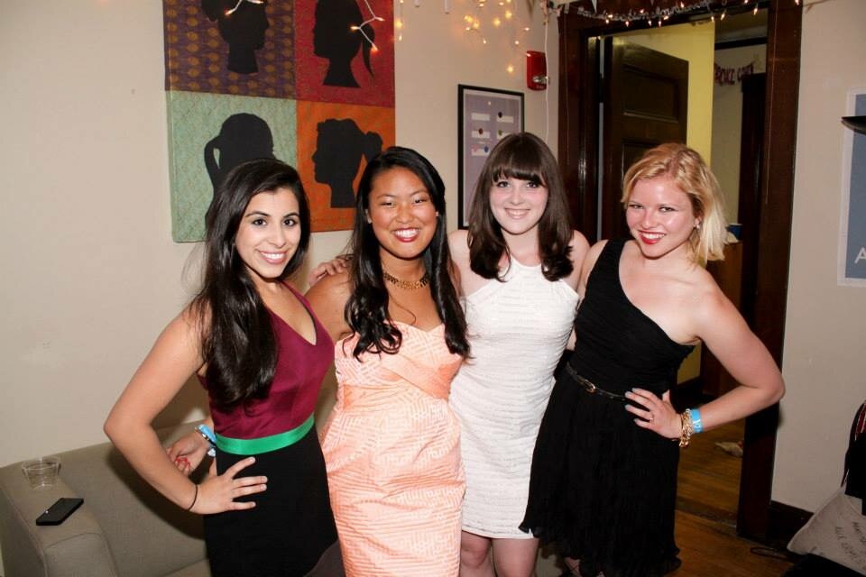 Four friends dressed for a celebration in the original Commencement Eve inspiration photograph.