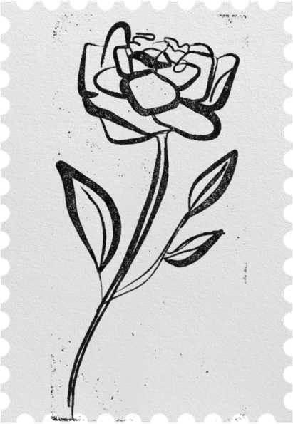 Black ink rose drawing on perforated white paper.