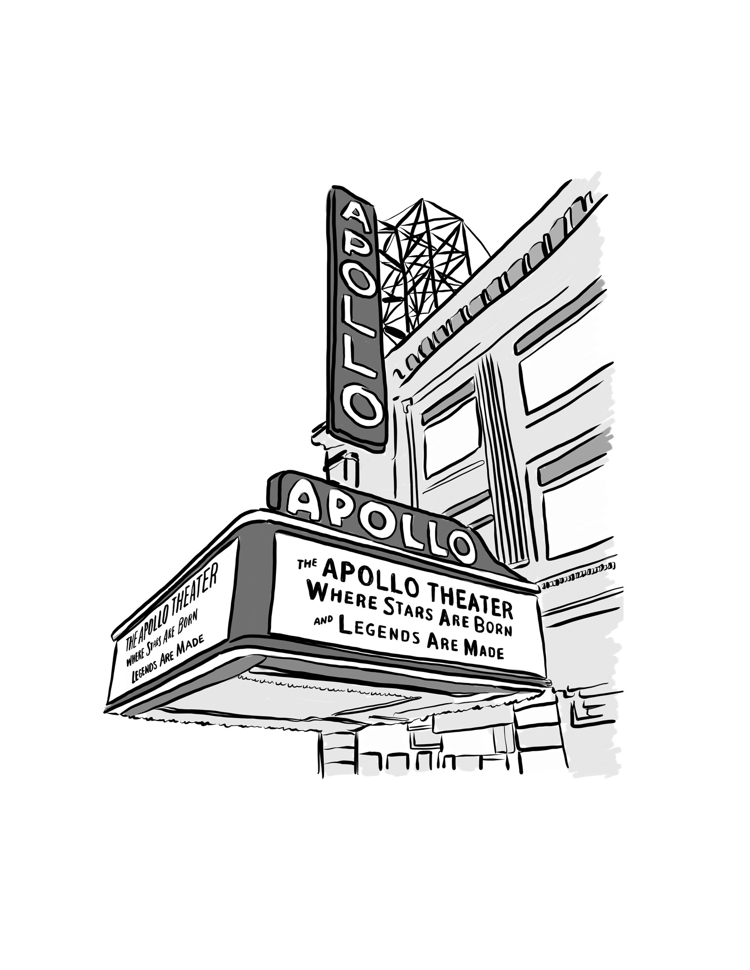 Black ink illustration of the Apollo Theatre marquee and upper facade.