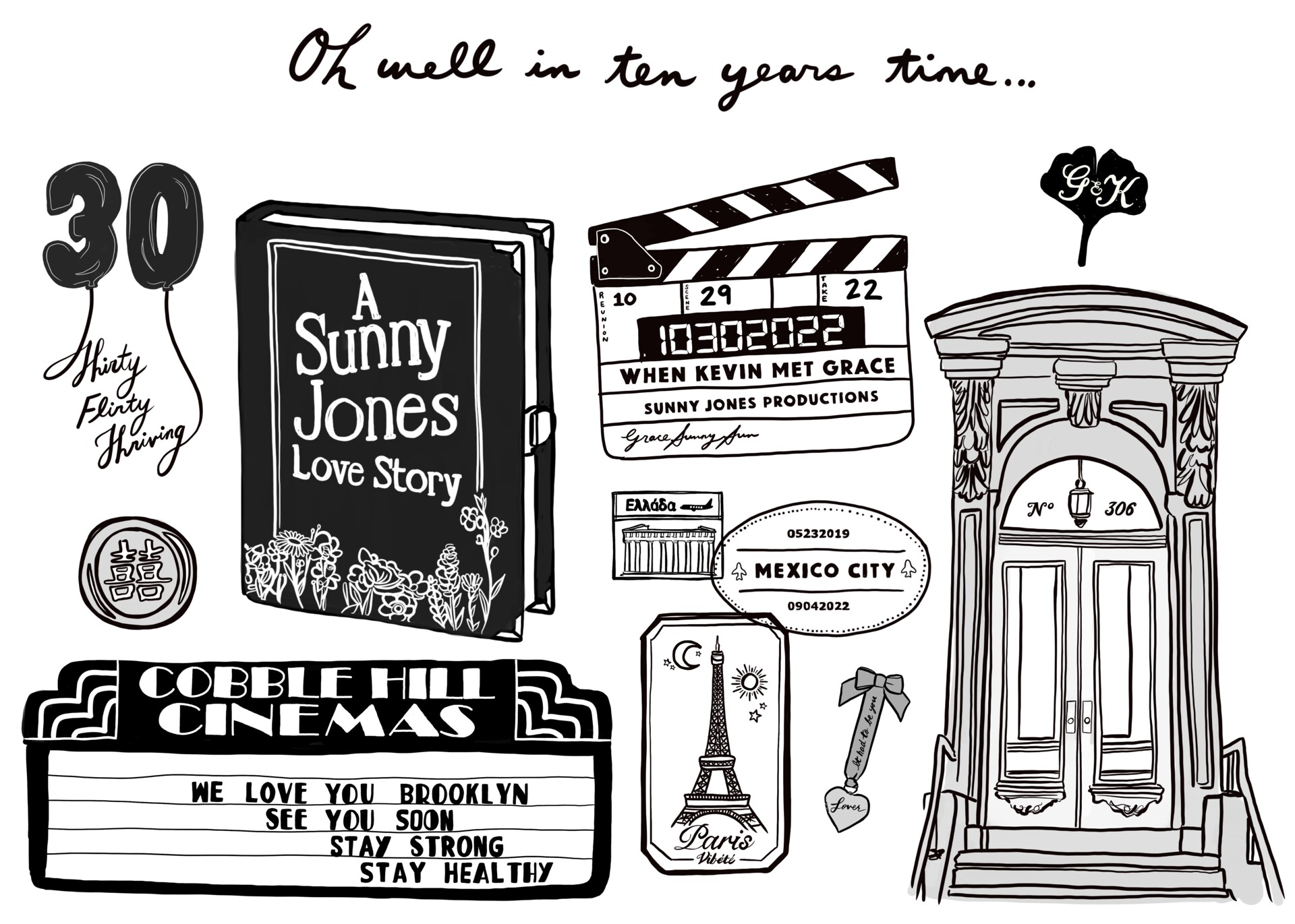 Black-and-white illustrated reunion report featuring a clapperboard, cinema marquee, book cover, doorway and handwritten notes.