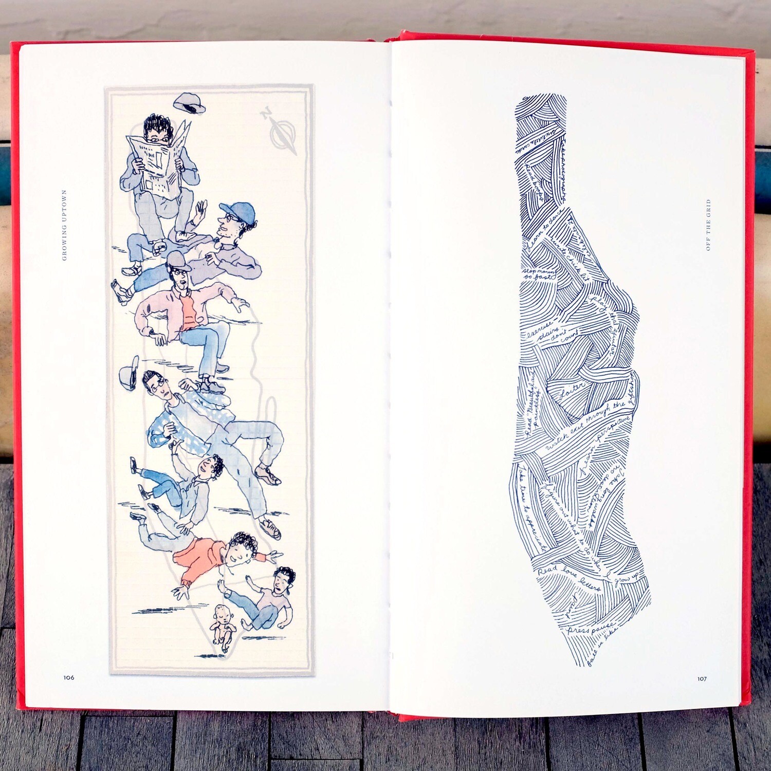 Open illustrated book spread with people on the left and a detailed Manhattan map on the right.
